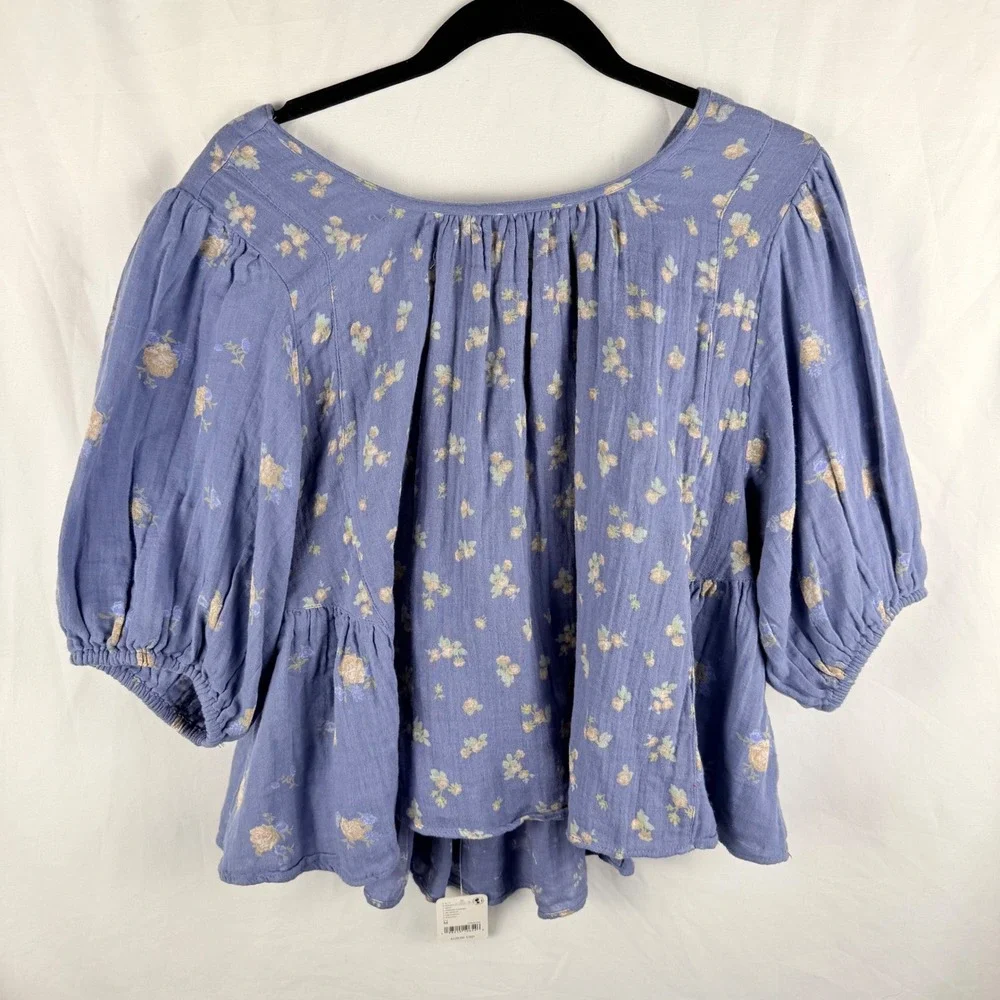 Free People Chloe Floral Print Indigo Combo Open Back Top Medum Boho Flowy NWT‎